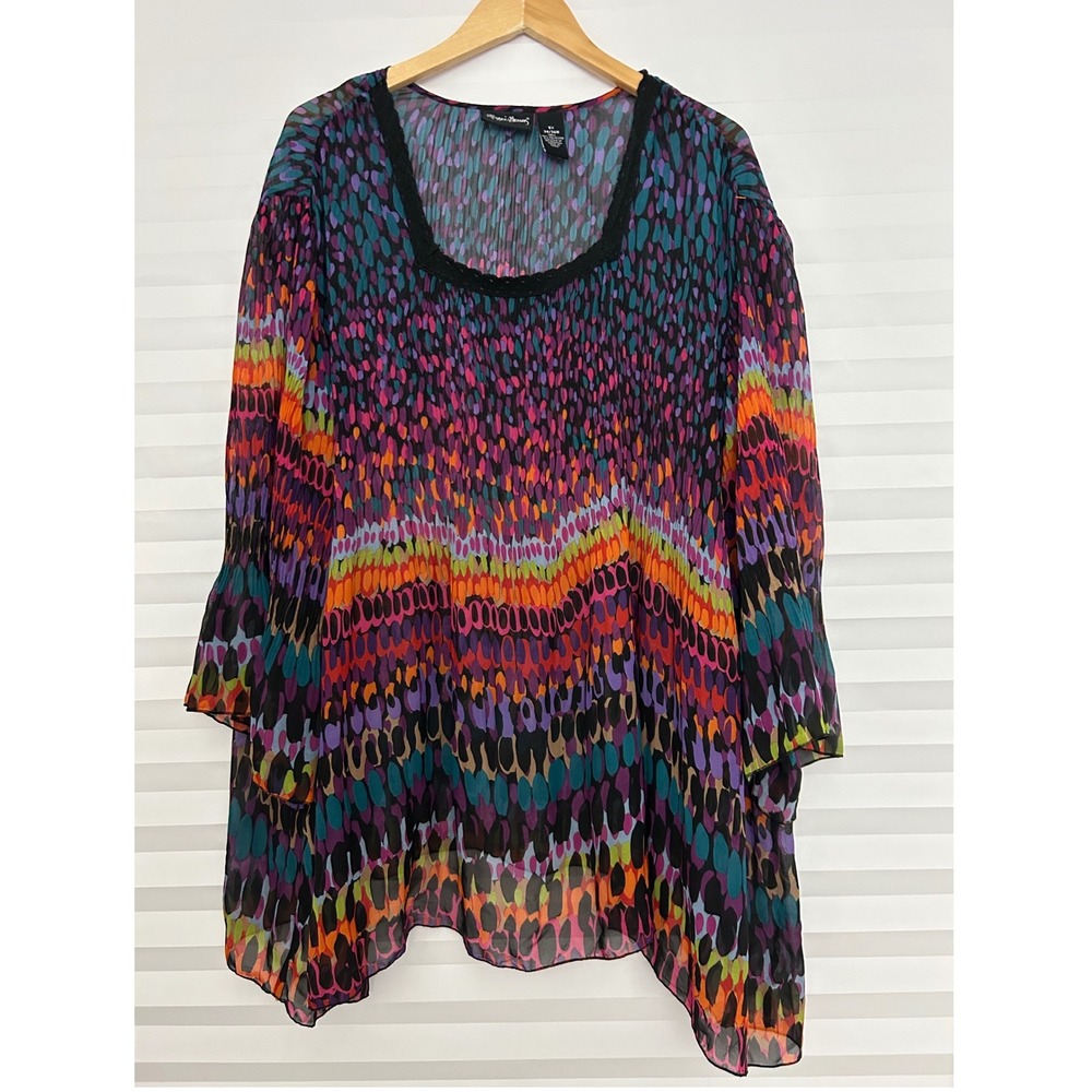 Maggie Barnes Womens 5X Plus Size Pleated Tunic Blouse Bell Sleeve Semi Sheer